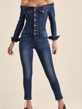 Venus Off-Shoulder Denim Jumpsuit | Size 6 |